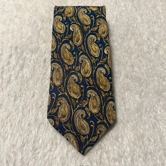 Ermenegildo Zegna Gold Black Paisley Print Silk Linen Necktie - Picture 2 of 7